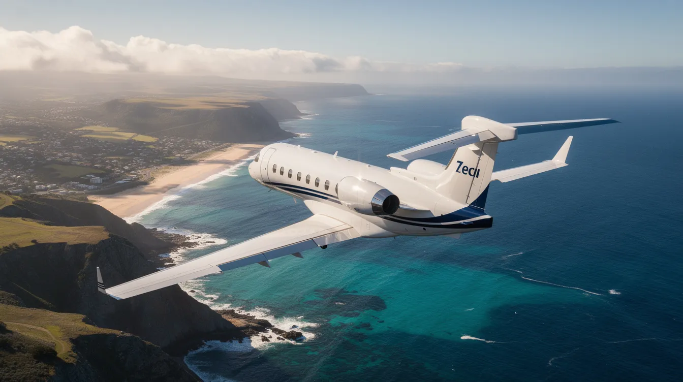 A small business jet is soaring through the sky over a stunning coastal landscape, with vibrant blue water glistening below. This private jet represents the luxury of flying privately, offering an efficient travel option for private jet owners and charter services alike.