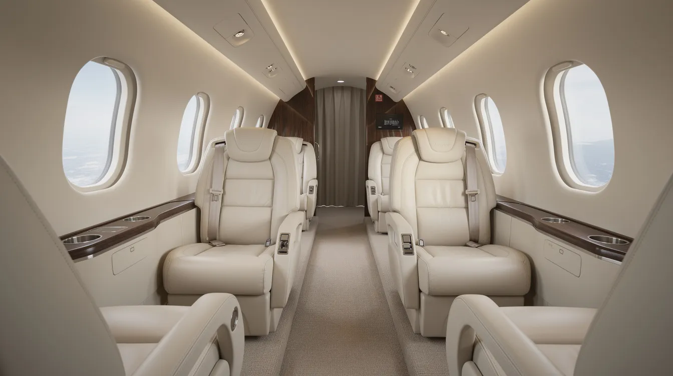 The image depicts the interior of a light jet cabin featuring cream leather seats arranged in a club configuration, providing a comfortable and luxurious space for private jet travel. This elegant setting is ideal for private jet owners and those considering private jet charter for their flights.