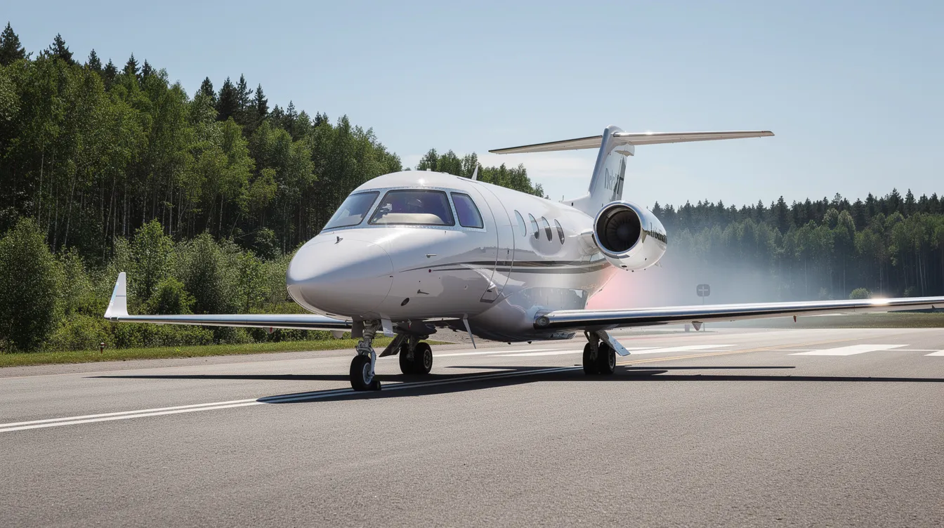 A modern very light jet is taxiing on a runway, surrounded by lush trees under a clear blue sky. This private jet exemplifies the sleek design and efficiency of the very light jet category, ideal for short regional flights and private aviation enthusiasts.