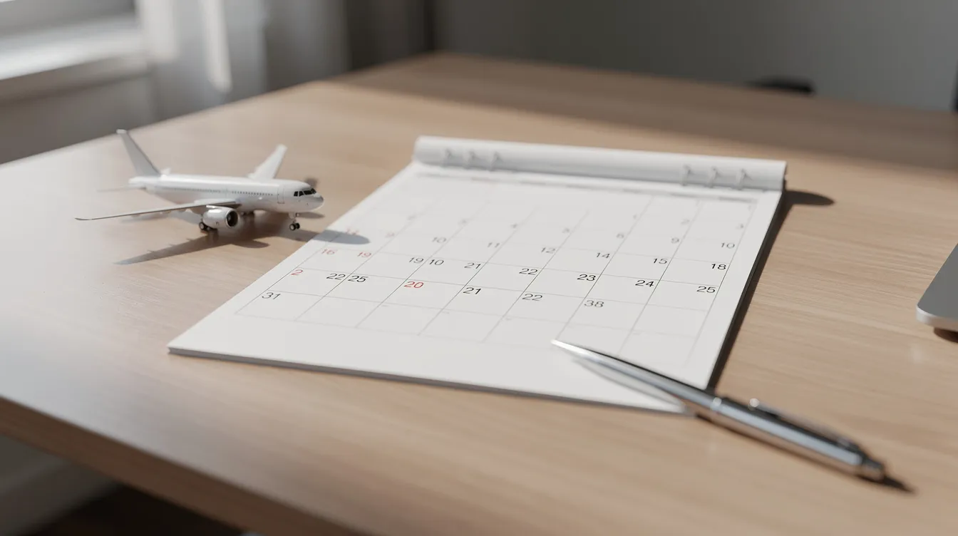 The image shows a calendar resting on a desk alongside a pen and a small model airplane, suggesting planning for travel dates and booking flights. This setup evokes thoughts of finding cheap flights and organizing holiday flights or international travel.