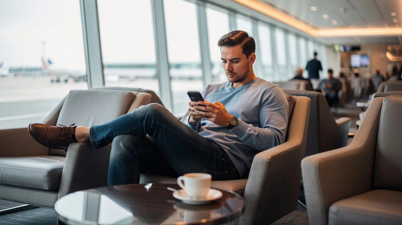 A person is sitting comfortably in an airport lounge, focused on their smartphone while a coffee cup rests on the table beside them. This scene captures the essence of travel planning, as they might be searching for cheap flights or checking flight prices for their upcoming trip.