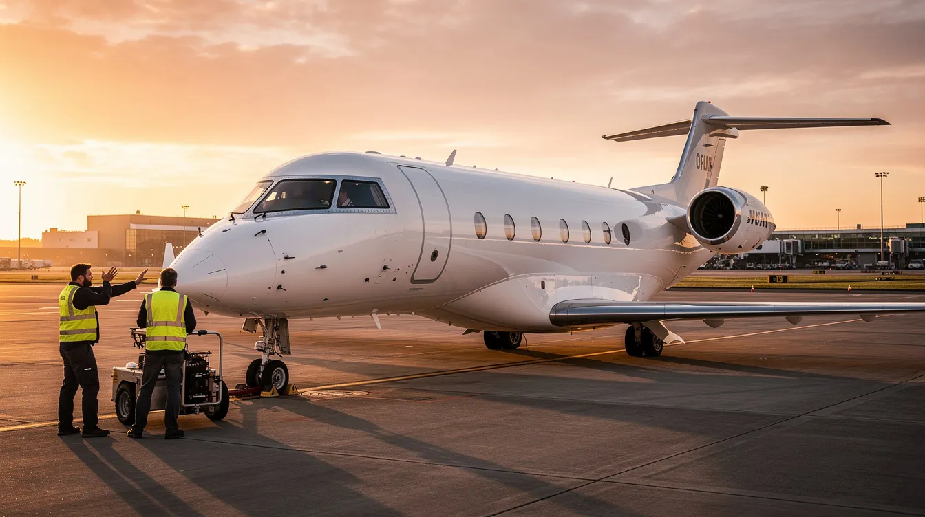 A sleek white business jet, representative of Cessna aircraft, is parked on the airport tarmac during golden hour, with a warm sunset illuminating the scene and ground crew nearby preparing for the next flight. The aircraft features a high wing design typical of general aviation aircraft, showcasing its modern and reliable design.