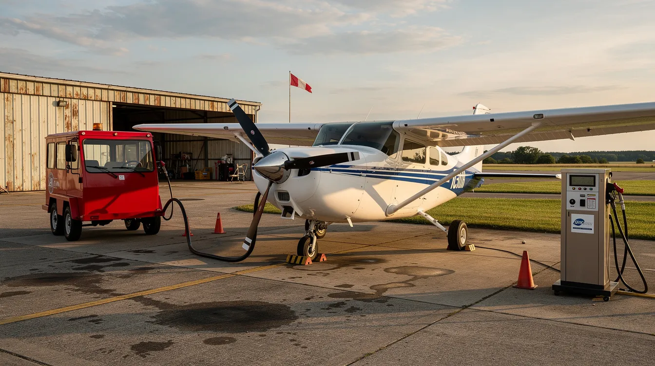 A small single-engine Cessna 210 aircraft is being refueled at a rural airport fuel station, highlighting the operational aspects such as fuel costs and maintenance for efficient flight performance. The scene captures the essence of aviation, where pilots are aware of the annual costs and useful load associated with their aircraft.