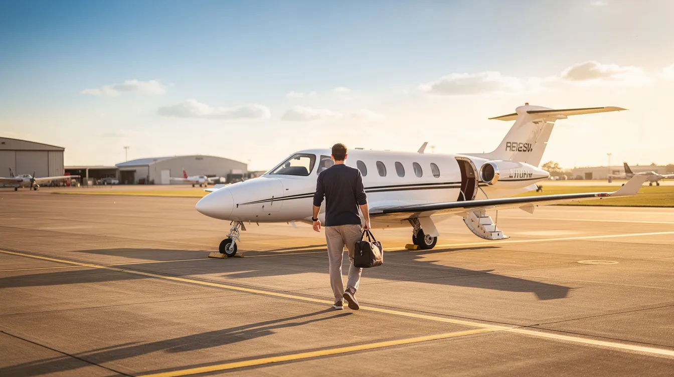 A person is walking toward a small Cessna aircraft on a sunny airport ramp, with the bright blue sky in the background. The scene captures the essence of private flight, highlighting the comfort and performance of the aircraft as it prepares for takeoff.