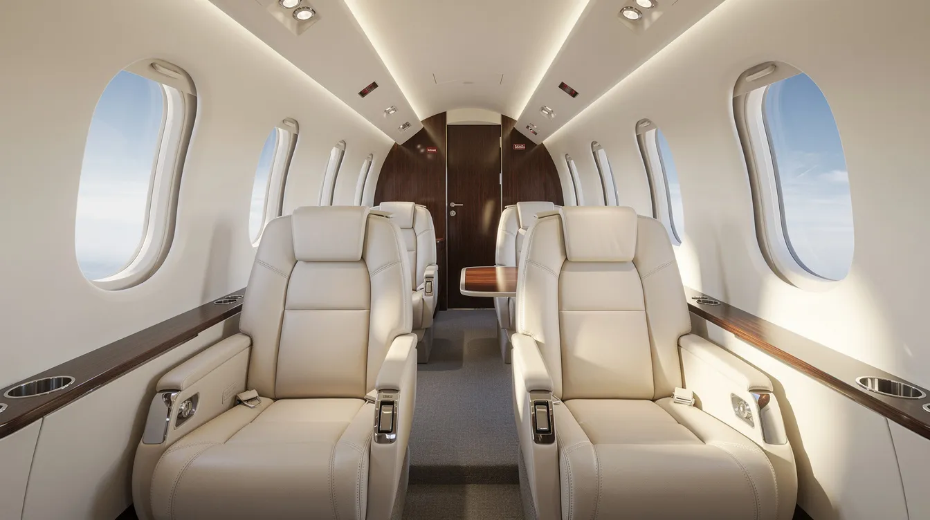 The image depicts the interior of a compact private jet cabin, featuring sleek leather seats and large panoramic windows that enhance the modern design. This space exemplifies jet comfort and convenience, ideal for personal aviation and efficient travel.
