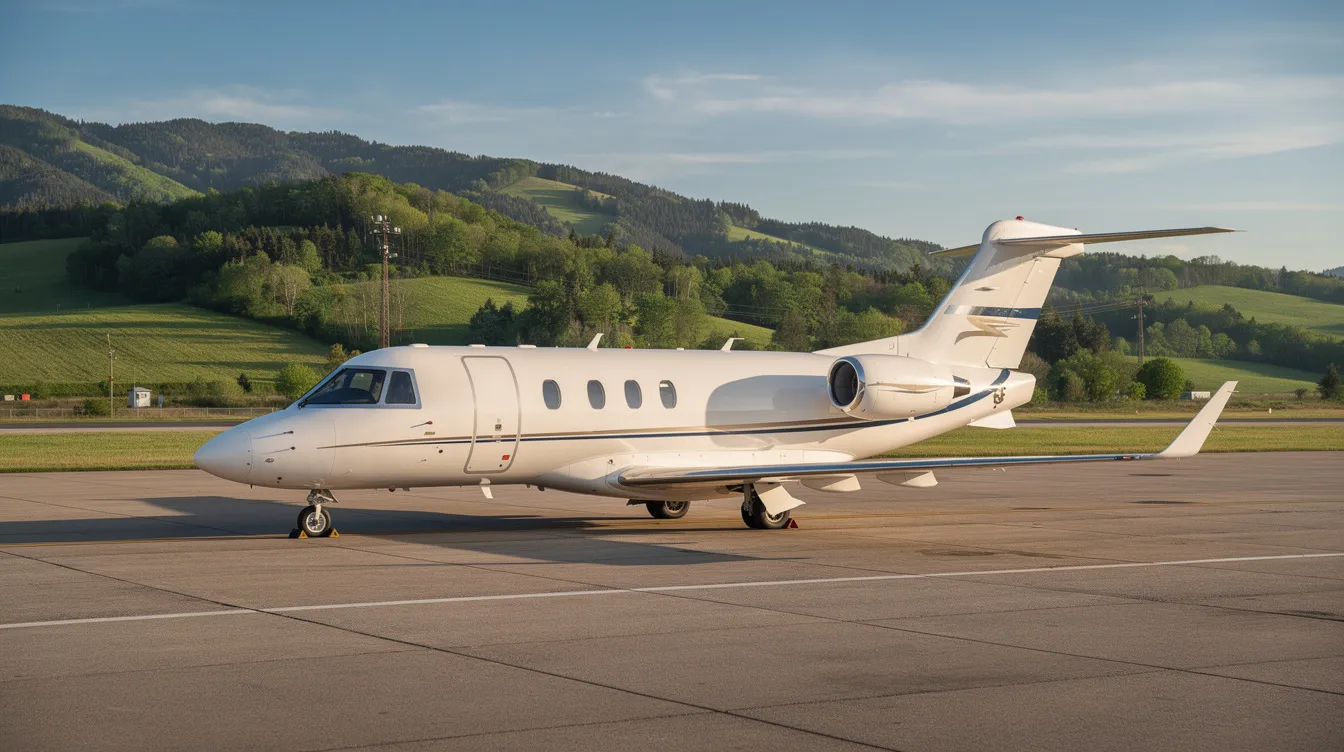 A Cirrus Vision Jet is parked on the tarmac of a regional mountain airport, surrounded by lush green hills in the background, highlighting the aircraft's sleek design and jet convenience. This personal jet exemplifies excellent performance and comfort, making it an ideal choice for personal aviation and efficient travel.