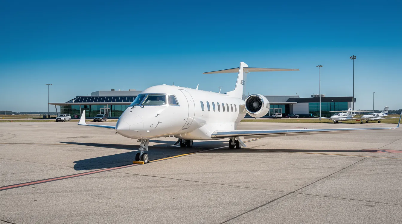 A private jet is parked on the tarmac of a small executive airport under a clear blue sky, showcasing the luxury of private aviation for travelers flying from New York to Miami. This scene highlights the convenience of private jet charters and the appeal of private jet flights in South Florida.