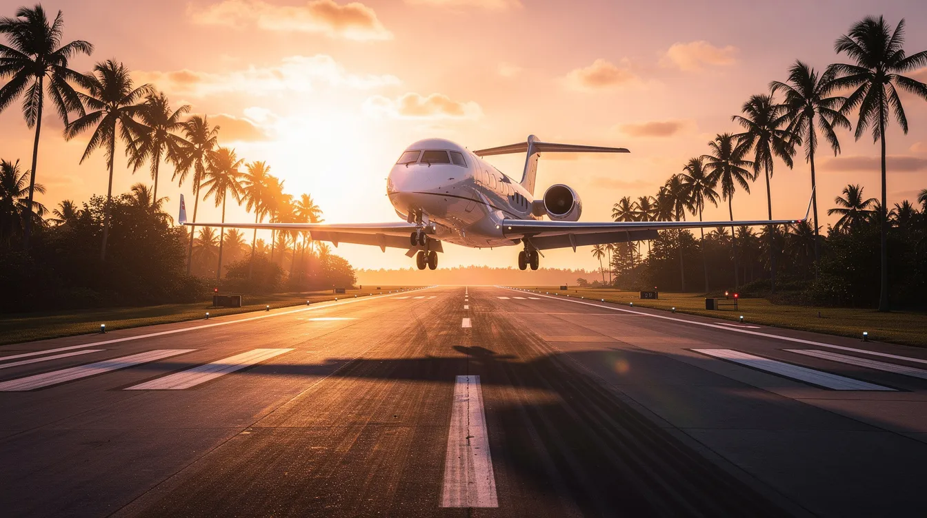 A private jet is landing at sunset near Miami International Airport, with palm trees lining the runway, creating a picturesque scene for travelers flying from New York to Miami. The warm hues of the sunset reflect the luxury of private jet charter flights, making this moment a perfect representation of private aviation in South Florida.