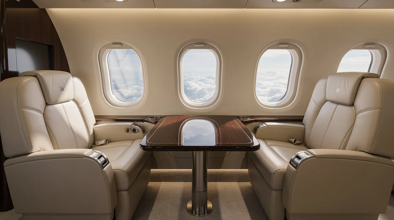 The image depicts the interior of a modern midsize private jet cabin, featuring luxurious leather seats and a polished table, ideal for private jet travelers flying from New York to Miami. This elegant space highlights the comfort and sophistication of private aviation, perfect for charter flights or private jet charters.