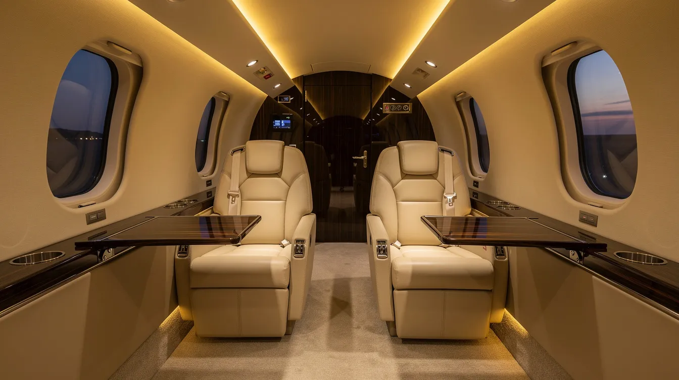 The image shows the interior of a modern midsize business jet, featuring plush leather seats and warm ambient lighting, creating a luxurious atmosphere for private jet travel. This elegant setting is ideal for passengers seeking comfort and style during their private jet charter flights from Miami or other popular destinations.