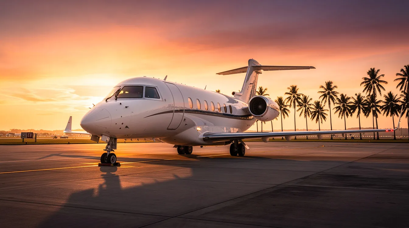 A luxurious private jet is parked on the tarmac at sunset, with vibrant orange and pink hues illuminating the sky, while palm trees sway gently in the background, capturing the essence of Miami's tropical charm. This scene embodies the elegance of private jet travel in South Florida, perfect for those seeking exclusive private jet charter flights.
