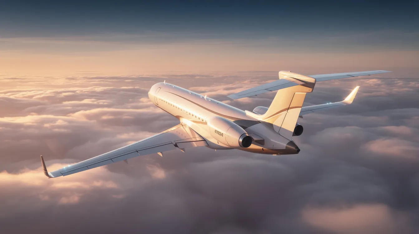 A sleek modern business jet soars above fluffy clouds, bathed in the warm golden light of sunset. The aircraft's streamlined design reflects advanced technology, showcasing its capabilities as it glides gracefully through the sky.