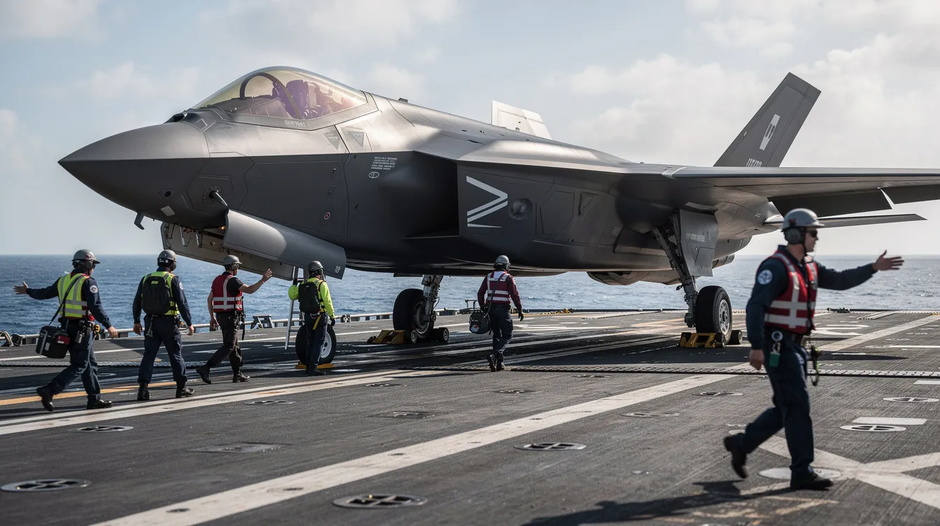 A stealth fighter jet, specifically the F-35, is stationed on the deck of an aircraft carrier, surrounded by crew members engaged in carrier operations. The scene highlights the advanced capabilities of modern fighter aircraft and the teamwork required for effective air dominance.