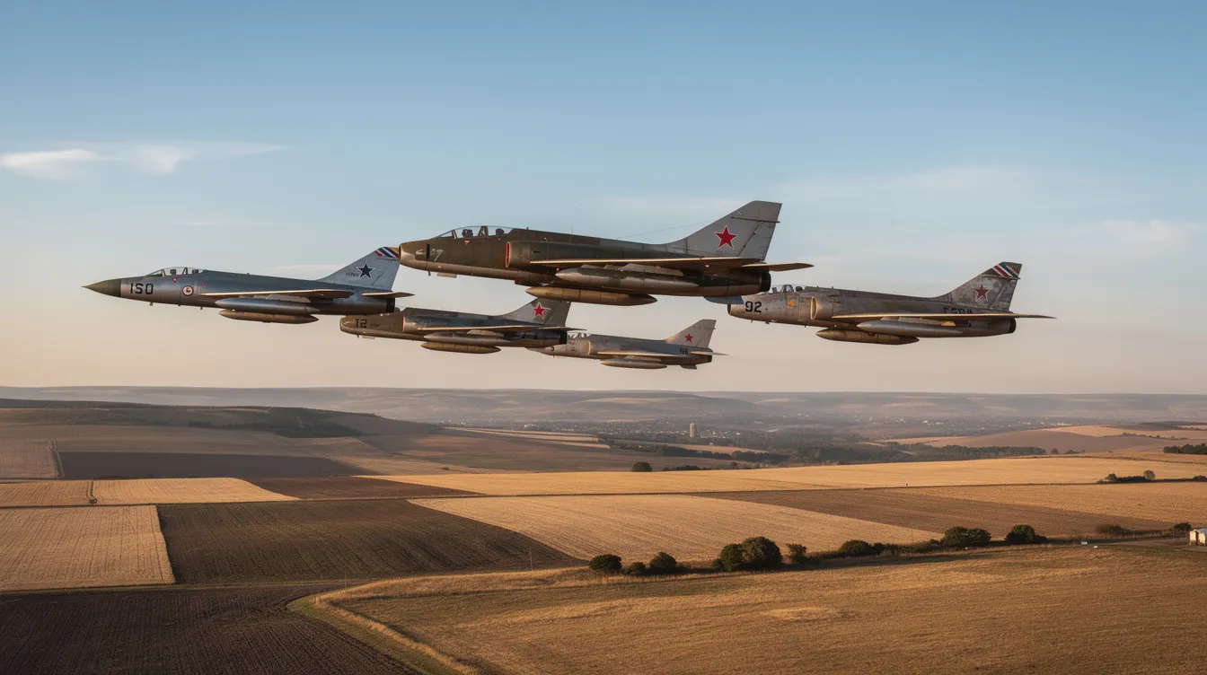 A formation of vintage military jets, including iconic fighter aircraft from World War II and the Korean War, flies in tight alignment over expansive open terrain, showcasing their air superiority capabilities and operational history. The powerful jets, reminiscent of the era's air dominance, highlight the evolution of fighter jets in military aviation.
