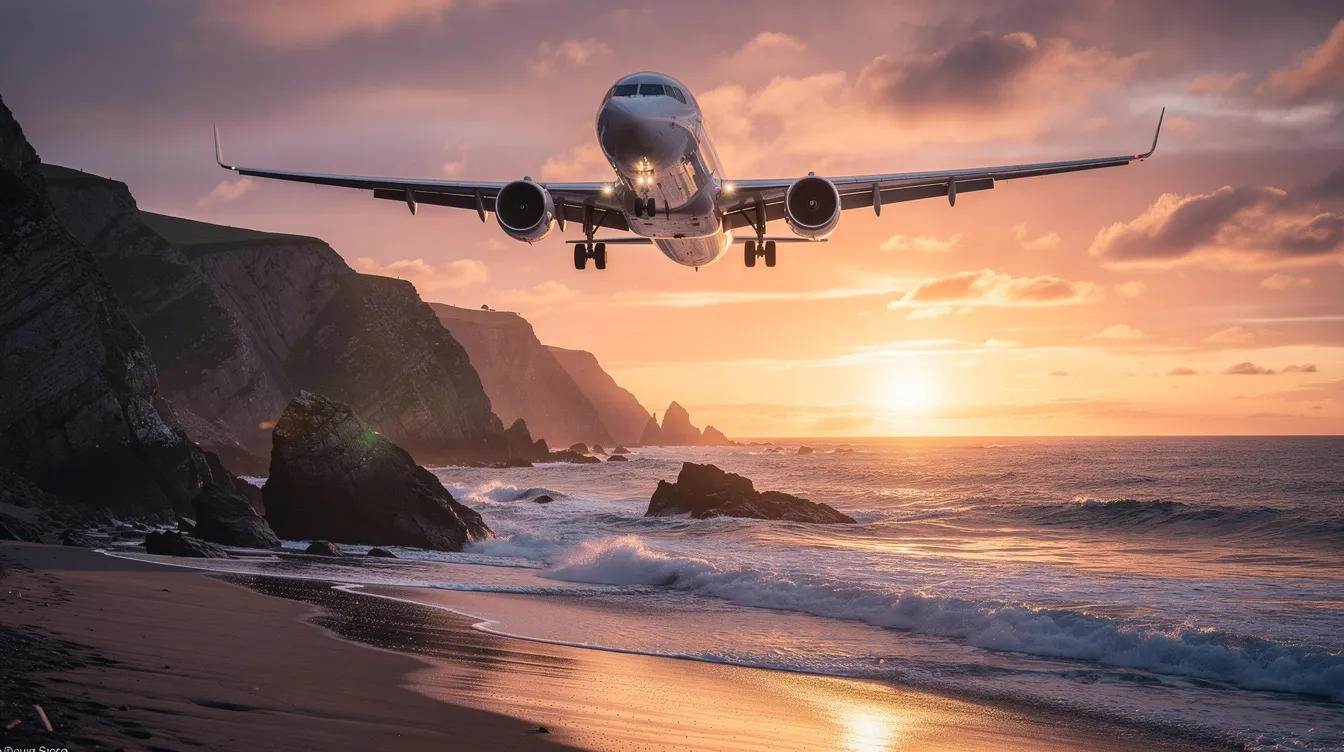A commercial airplane soars over a picturesque coastline at sunset, casting a silhouette against the vibrant sky. This scene captures the essence of air travel, ideal for those looking to book domestic flights or find cheap flights for their next adventure.