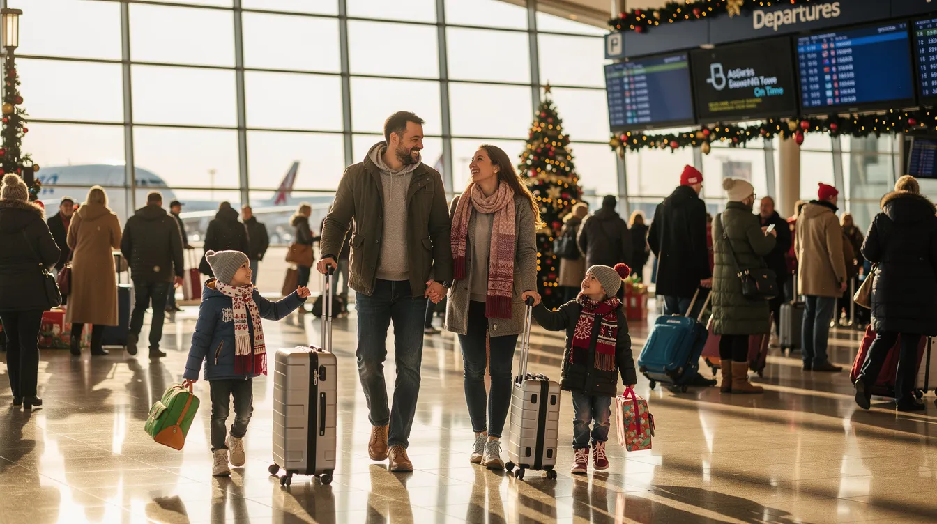 A family is seen walking through a bright and busy airport terminal, each member carrying suitcases, as they prepare for holiday flights. The atmosphere is filled with excitement as travelers navigate the hustle and bustle during this peak travel season, looking to book domestic flights or find cheap international airfare.