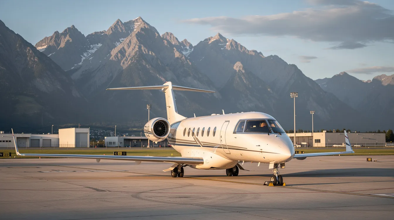 A sleek light private jet is parked on the tarmac of a small regional airport, with majestic mountains visible in the background, ideal for business travelers looking to book domestic flights or find cheap flights for their next trip. The serene setting highlights the convenience of nearby airports for quick air travel. The serene setting highlights the convenience of nearby airports for quick air travel.