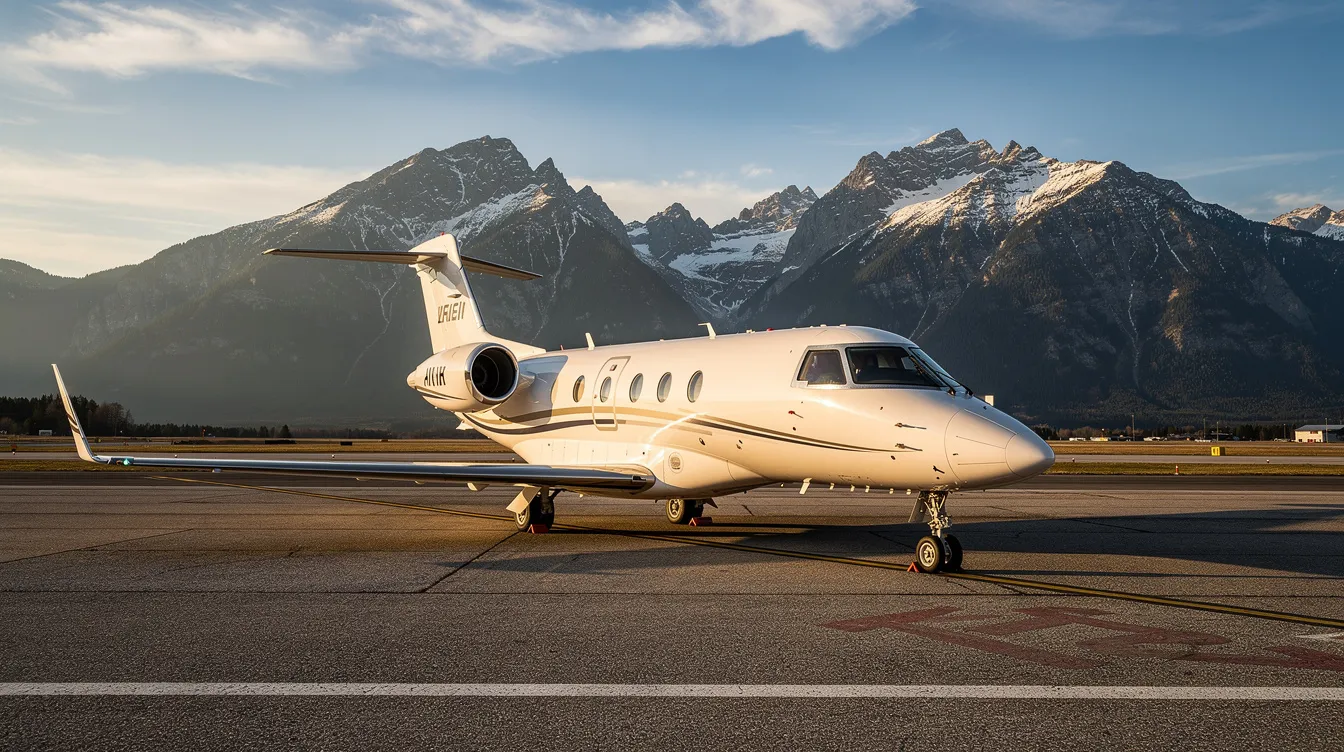 A small private jet is parked on a quiet runway, with majestic mountains rising in the background. This serene scene captures the essence of air travel, perfect for those looking to book flights to popular destinations or find cheap flights for their next trip.