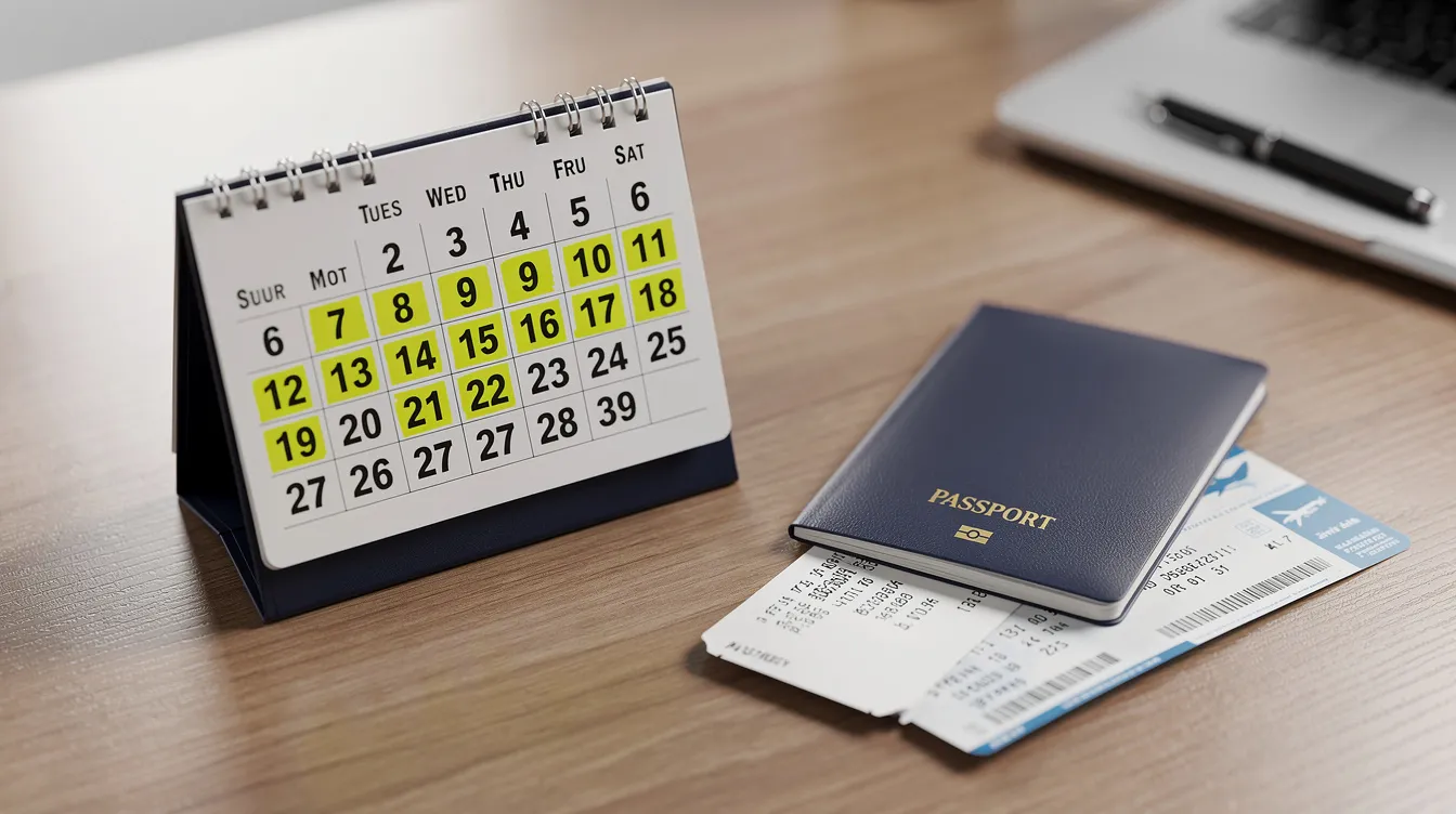 The image shows a calendar with specific weekdays highlighted, placed on a desk alongside a passport and a boarding pass, suggesting the planning of an upcoming trip. This setup hints at the importance of choosing the cheapest day to fly and booking airline tickets in advance to secure the best deals.