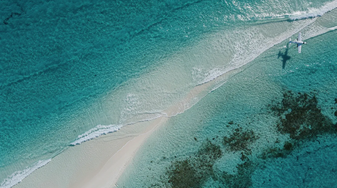 Aerial view of a stunning ocean coastline featuring vibrant turquoise waters, with a small private aircraft flying in the distance. This picturesque scene highlights the beauty of travel, perfect for those looking to book flights to popular destinations or find cheap flights for their next adventure.