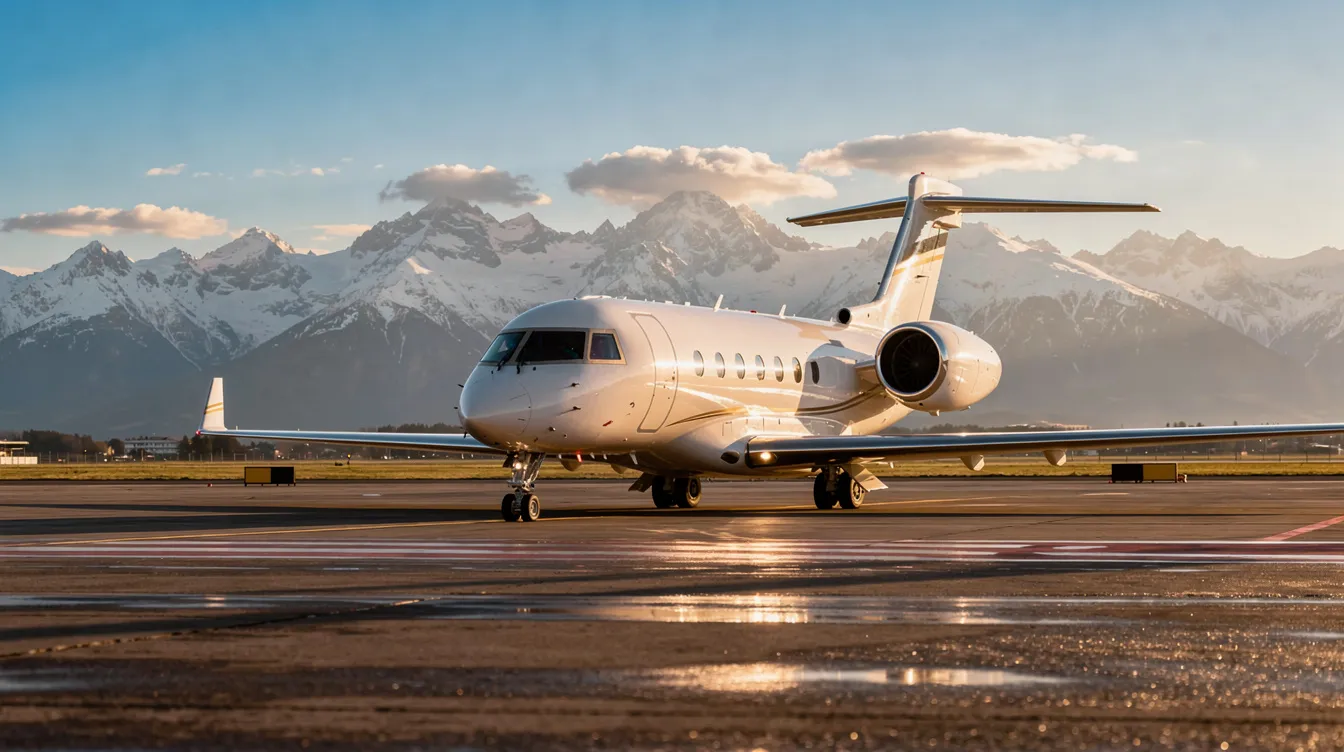 A sleek private jet is parked on a tarmac, with majestic mountains providing a stunning backdrop. This image captures the essence of luxury travel, ideal for those looking to book international flights or find cheap flights for their next adventure.