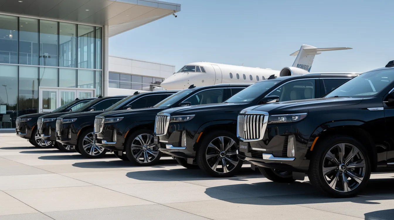 A row of sleek black luxury SUVs is parked outside a private aviation terminal, ready to provide professional limousine service for clients arriving or departing on their flights. The vehicles are designed for comfort and efficiency, ensuring a smooth transition from air to ground travel.