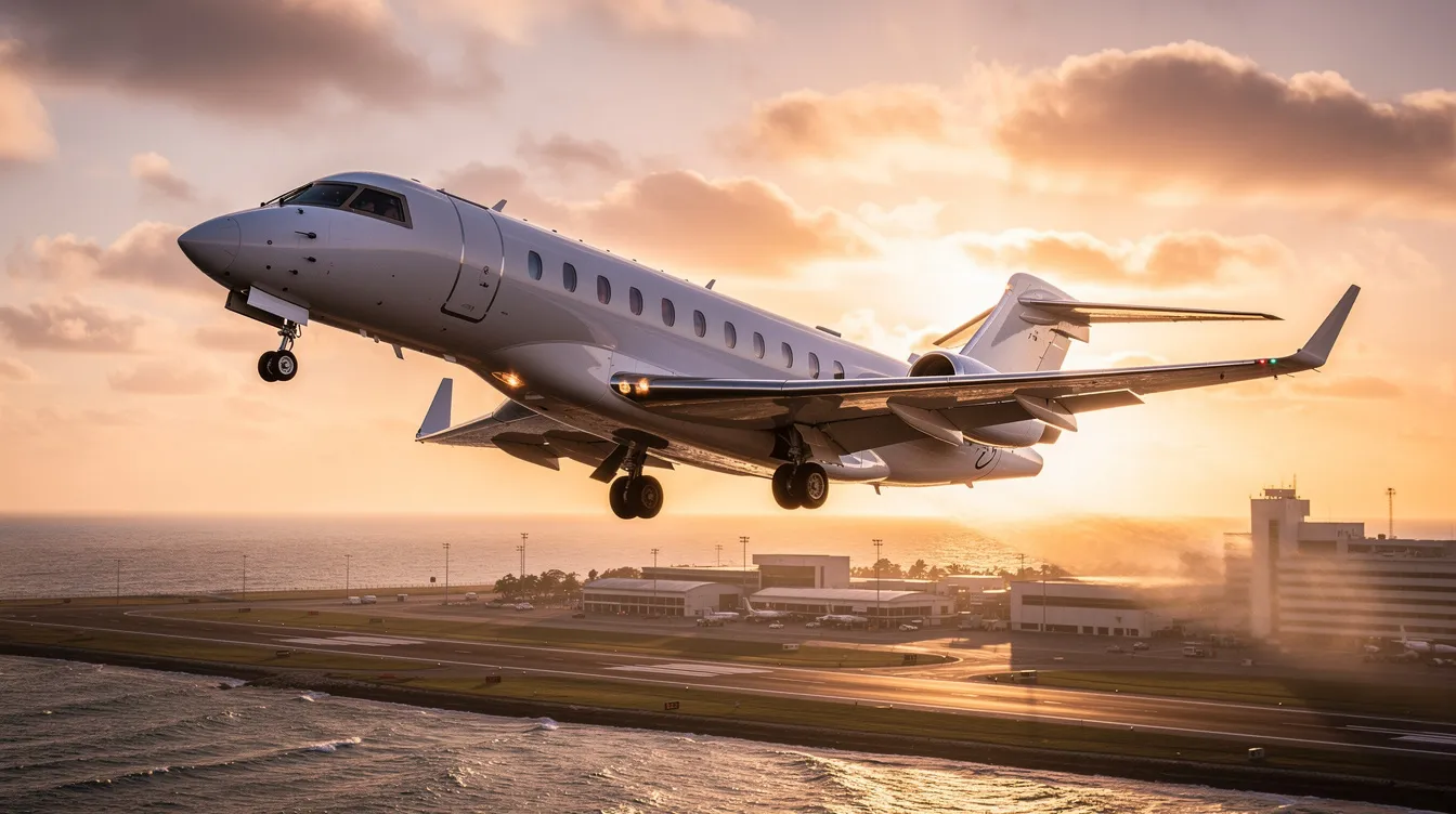 A sleek light business jet is climbing away from a coastal airport during golden hour, showcasing the elegance of private aviation. This scene captures the essence of popular private jets, highlighting their ideal performance for regional business travel.