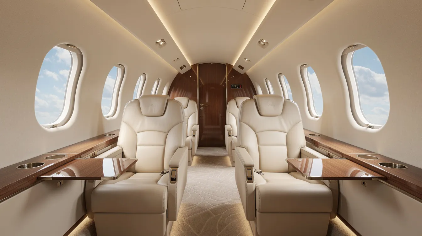 The image depicts the interior of a super midsize jet cabin, featuring wide leather seats arranged for comfort and large oval windows providing ample natural light. This spacious cabin is designed for business aviation, accommodating up to eight passengers with a focus on cabin comfort and style, characteristic of popular private jets.