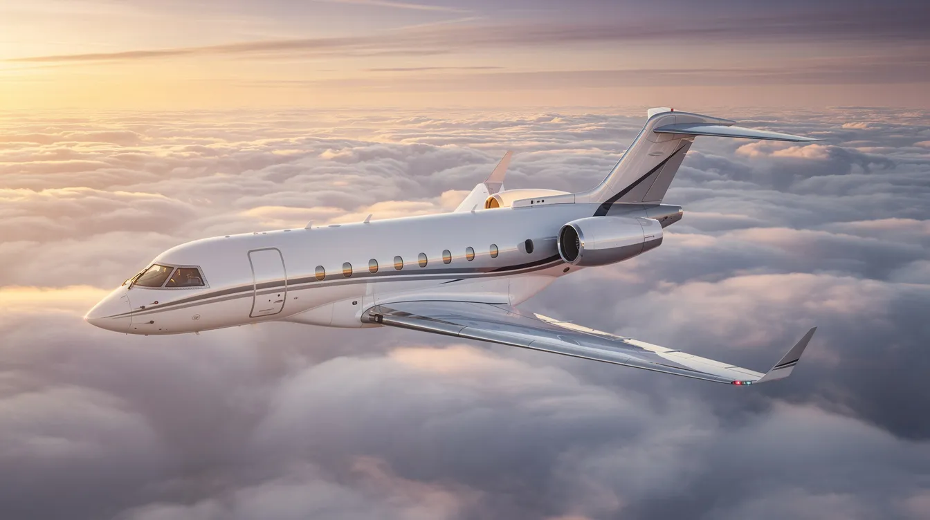 A large business jet soars above a soft layer of clouds, illuminated by the warm hues of a sunset. This private aircraft, ideal for regional business travel, showcases the luxurious cabin comfort and spaciousness that is characteristic of popular private jets.