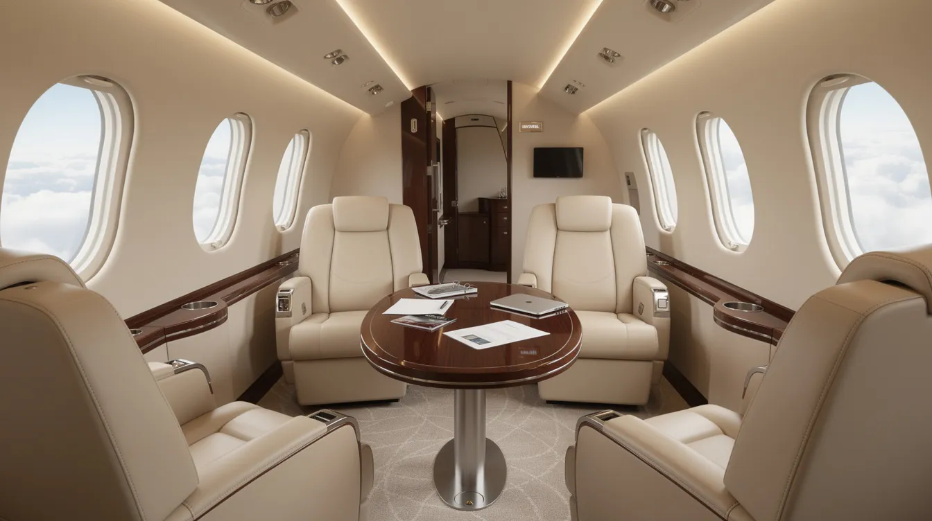 The image depicts the luxurious interior of a private jet, featuring plush leather club seats arranged around a small conference table, ideal for business discussions while flying to international destinations. The elegant design emphasizes comfort and exclusivity, making it a perfect choice for passengers seeking a premium travel experience with jet airways.