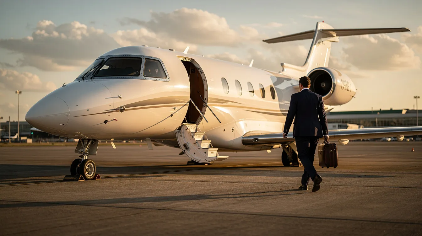 A small private jet is parked on a runway, with a business traveler in a suit walking toward its open door, ready for departure. The scene captures the essence of business travel, highlighting the convenience and luxury of jet airways flights for passengers heading to international destinations.