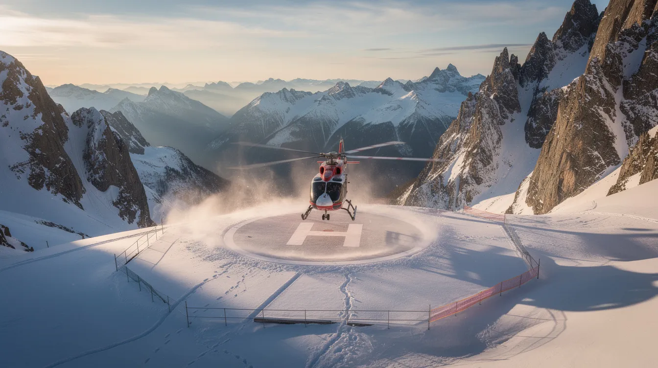 A helicopter is landing on a snow-covered mountain helipad, surrounded by stunning alpine scenery. The aircraft's descent creates a contrast against the bright white snow, marking a scenic destination for passengers enjoying their helicopter flight.