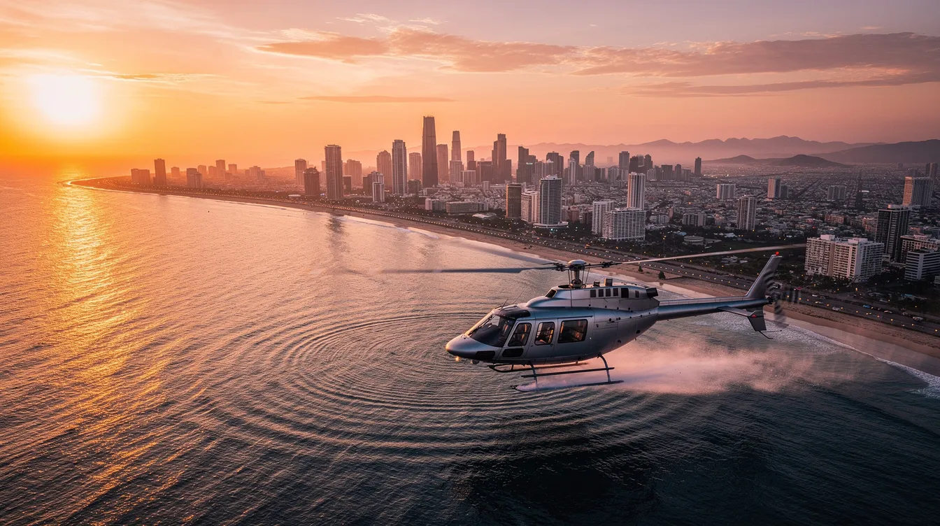 A helicopter is flying low over the water near a coastal city, illuminated by the warm hues of sunset. The scene captures the beauty of helicopter flight time, showcasing the aircraft's graceful movement as it navigates the serene landscape.