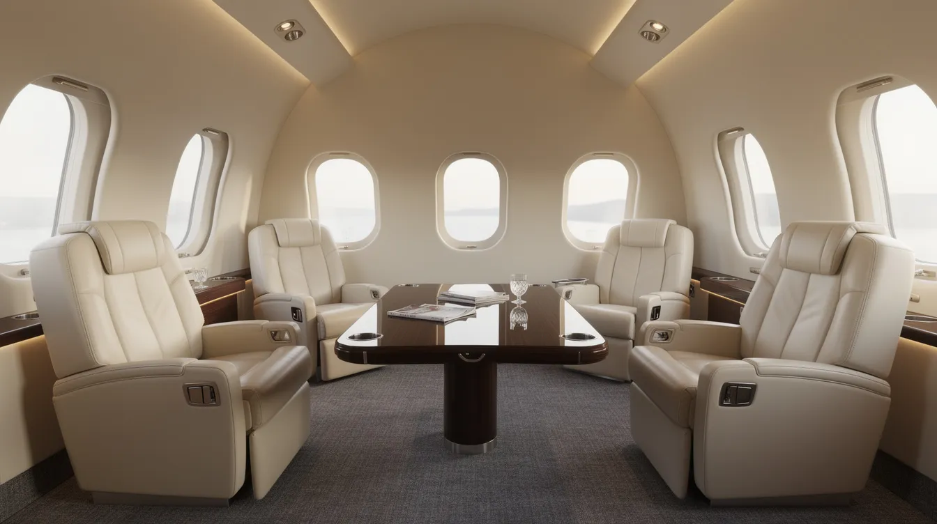 The interior of a large-cabin private jet features luxurious leather seats and a polished wood table, showcasing the elegance and comfort of private aviation. This space is designed for personalized service and seamless travel, reflecting the high standards of aircraft management by companies like Sun Air Jets.