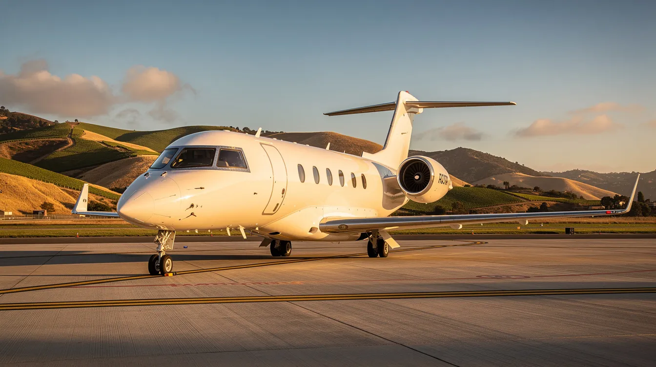A sleek private jet is parked on a sunlit airport ramp, with the rolling California hills visible in the background, showcasing the luxury of private aviation. This scene highlights the elite aircraft managed by Sun Air Jets, emphasizing their commitment to personalized service and a flawless safety record.