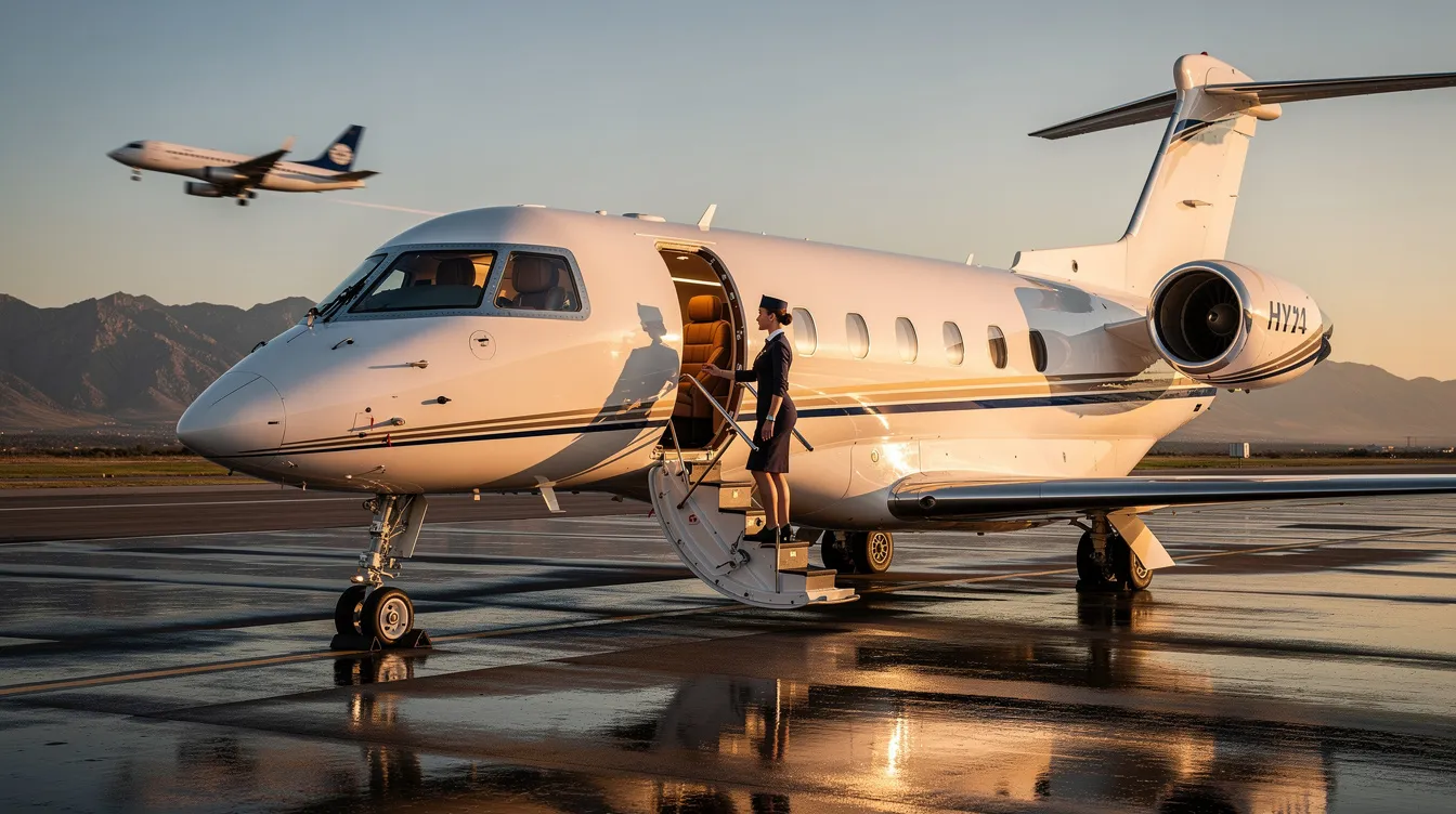 The image features a sleek private jet parked at Camarillo Airport, showcasing the high standards of Sun Air Jets' aircraft management and personalized service for private travel. The backdrop highlights the sunny Southern California skies, emphasizing the luxurious experience and flawless safety record associated with elite aircraft charters.