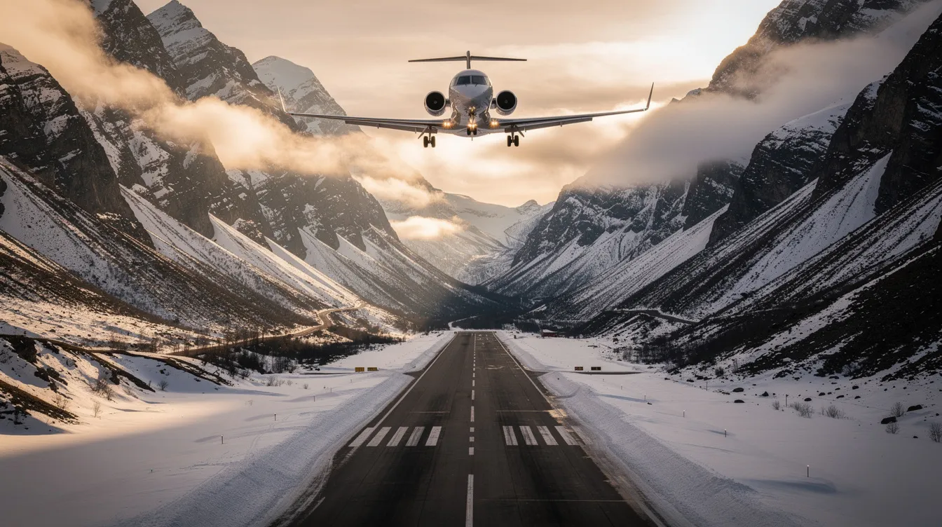 A small private jet is approaching a snow-covered mountain valley runway, surrounded by steep peaks, highlighting the exclusive travel solution tailored for those seeking a unique journey. The scene captures the convenience of mountain airports, where pilots and crew prepare for a seamless departure amidst breathtaking natural beauty.