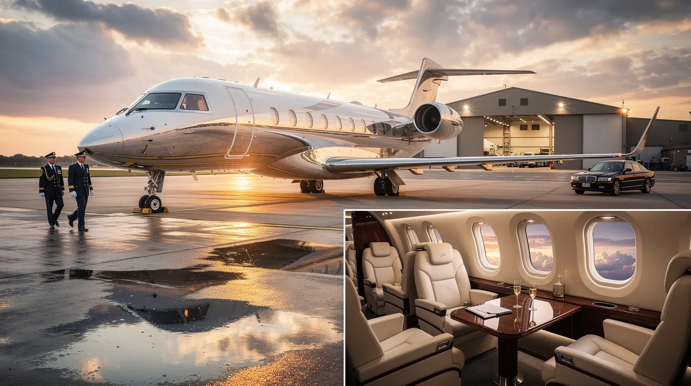 The image depicts a luxurious private jet parked at a mountain airport, symbolizing an exclusive travel solution tailored to meet the unique needs of its passengers. With a dedicated crew and personalized service, this aircraft represents the most precious asset for those seeking a seamless and convenient journey.