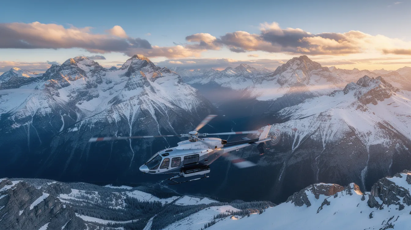 A helicopter is soaring above a breathtaking mountain landscape featuring snow-capped peaks, showcasing the beauty of nature from a unique aerial perspective. This scenic tour offers a glimpse into the potential of helicopter travel, ideal for those considering private helicopter charters for their adventures.