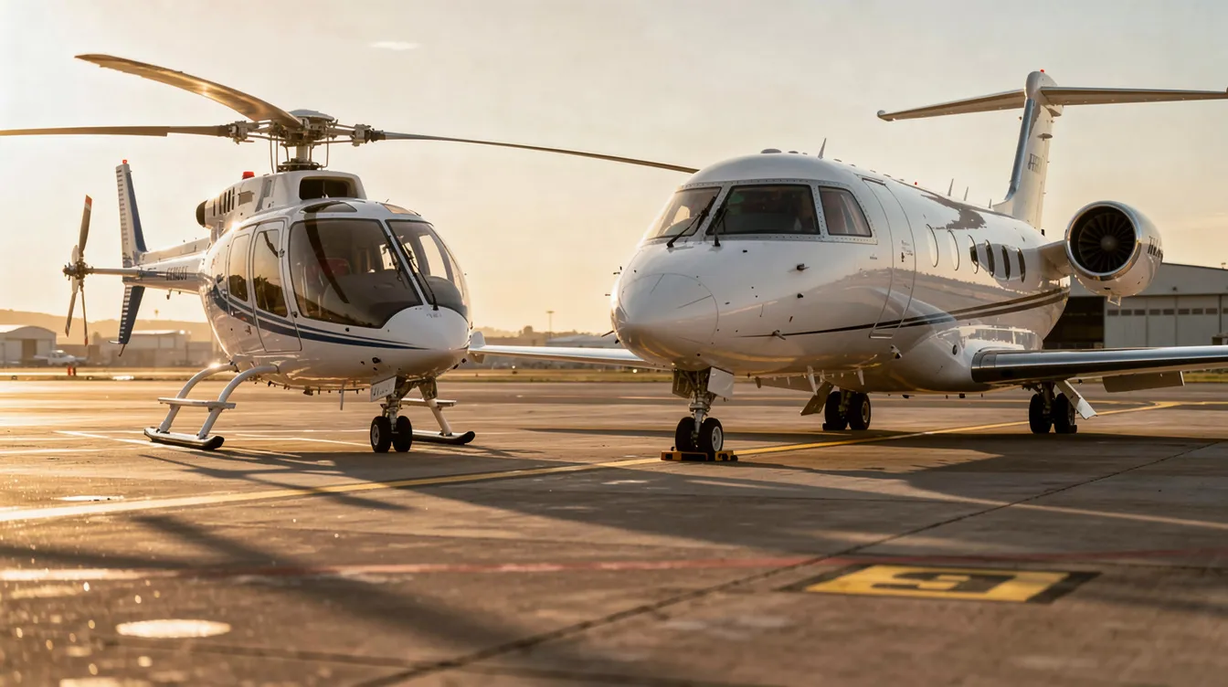 The image depicts a small helicopter and a private jet parked side by side on an airport tarmac, showcasing the options for private helicopter travel and executive transport. This scene highlights the luxury amenities and convenience of helicopter charter services for quick city transfers.