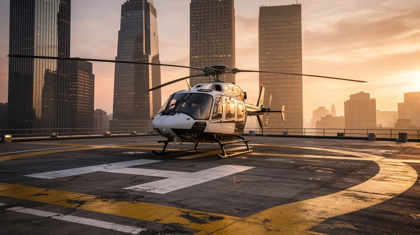 A helicopter is parked on a rooftop helipad, with a stunning city skyline in the background, showcasing urban air mobility. This scene highlights the convenience of private helicopter travel, ideal for quick city transfers and scenic tours.