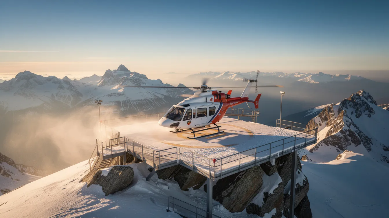 A helicopter is landing on a mountain helipad, surrounded by stunning snow-capped peaks in the background. This moment highlights the efficiency of modern helicopters as they navigate higher altitudes and varying weather conditions during their flight.