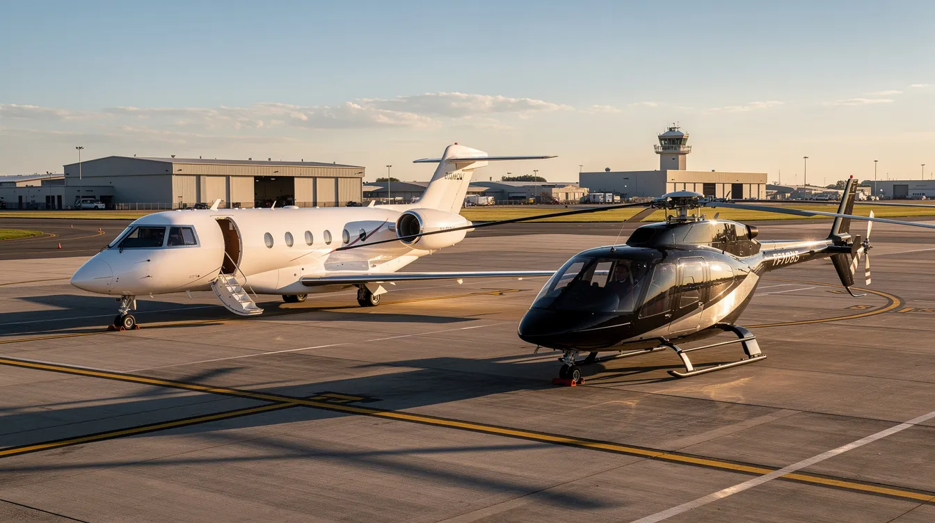 A private jet and a modern helicopter are parked side by side on an airport tarmac, showcasing two different types of aircraft designed for efficient travel. The scene highlights the contrast between fixed wing and rotor aircraft, emphasizing the versatility in flight options for passengers.