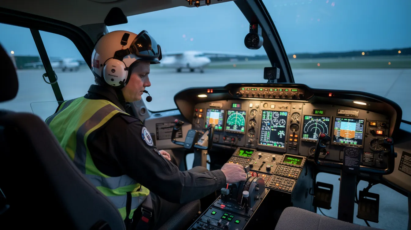 A helicopter pilot is seated in the cockpit, intently reviewing various instruments during pre-flight checks, ensuring compliance with aviation regulations and flight procedures. This meticulous preparation is essential for safe helicopter operations and effective flight training.