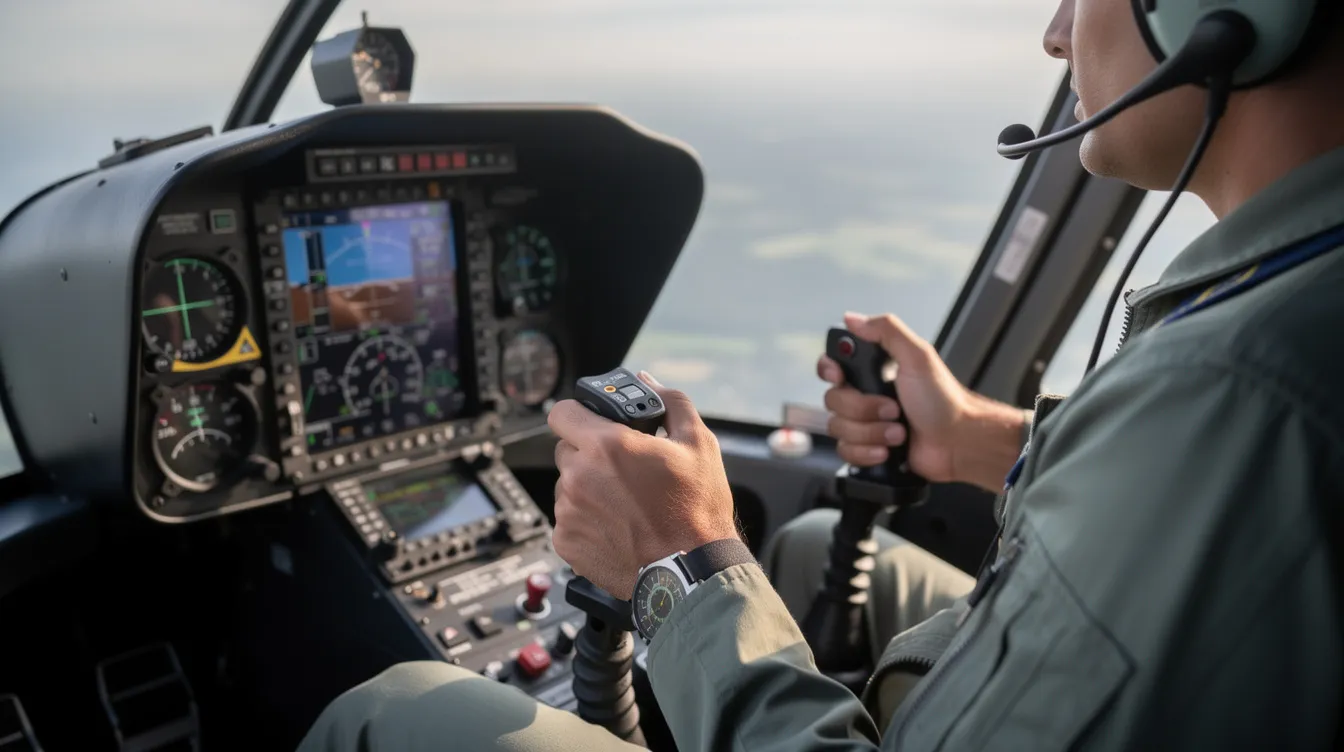 The image shows a pilot's hands gripping the cyclic and collective controls inside a light helicopter cockpit, with various instruments and gauges visible in the background. The focus on the controls highlights the precision needed for flying and managing the aircraft's altitude and lift.