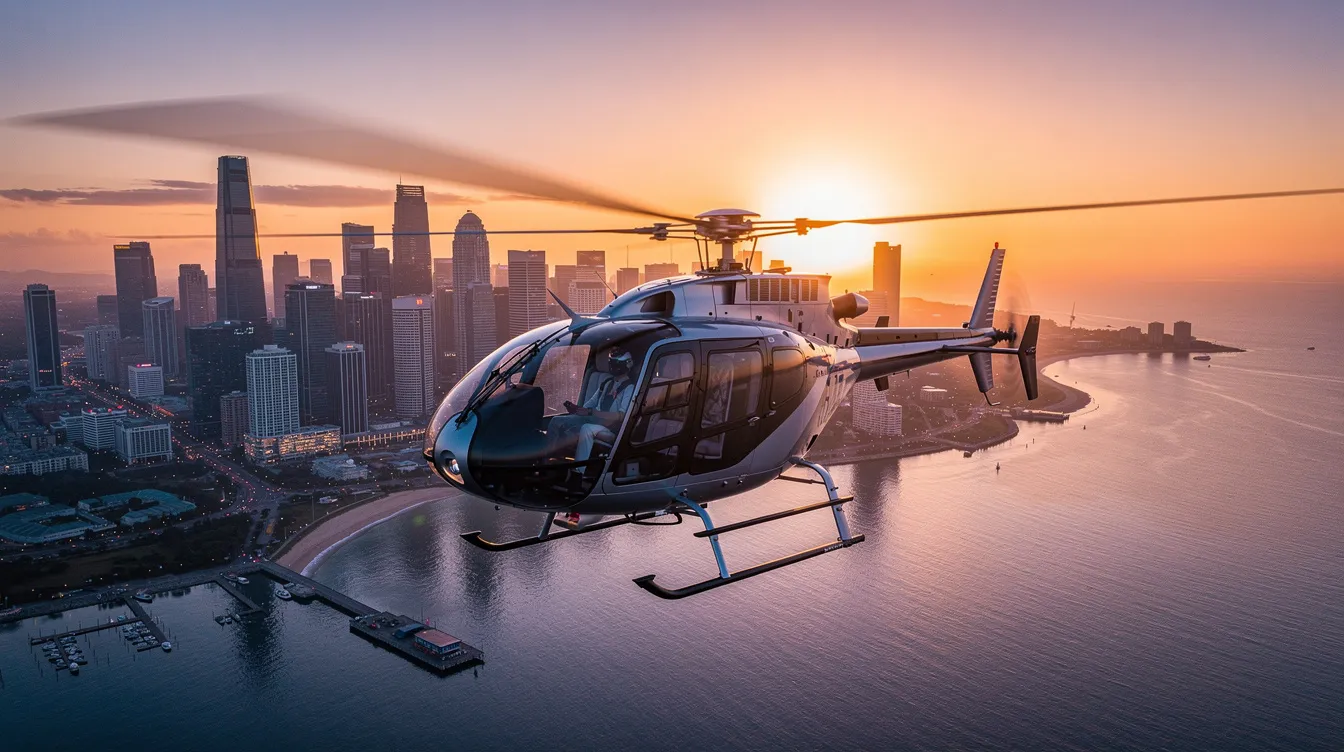 A helicopter with a bubble canopy is flying low over a coastal city skyline during sunset, showcasing its rotor blades as it maneuvers through the air. The pilot skillfully uses cyclic and collective controls to navigate, ensuring precision while avoiding obstacles and other aircraft.