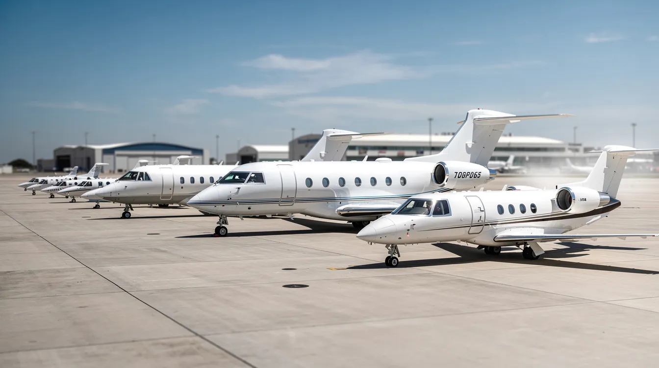 A lineup of various private aircraft, including smaller jets and spacious models like the Pilatus PC-12, is parked on a modern airport tarmac under a clear blue sky, showcasing the benefits of fractional aircraft ownership for business travel and private flights. This scene highlights the efficiency and guaranteed availability that fractional programs offer to owners, making air travel a flexible solution for their travel needs.