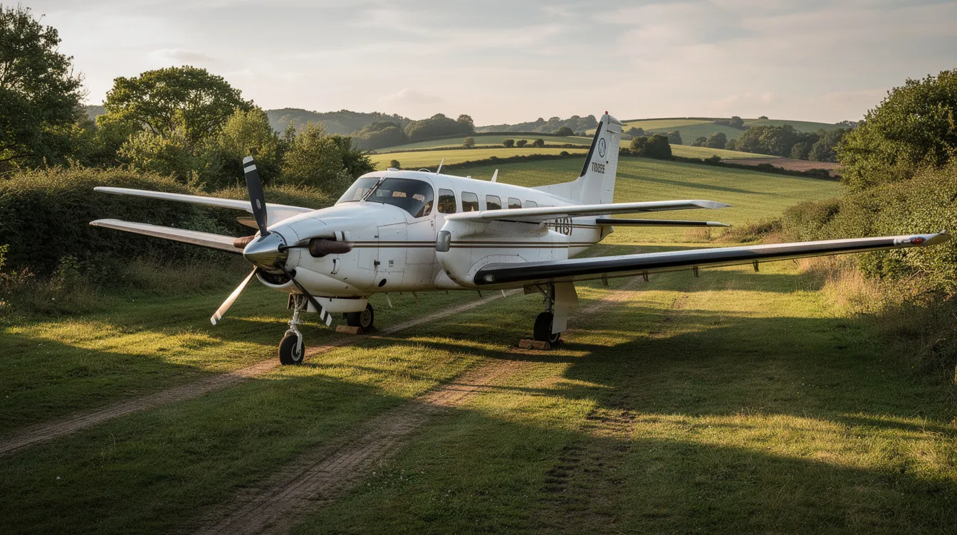 A turboprop aircraft, specifically a Pilatus PC-12, is parked on a short grass runway, bordered by lush trees and a scenic open countryside. This setting highlights the advantages of private aviation, offering a flexible solution for fractional aircraft ownership and access to smaller airports.