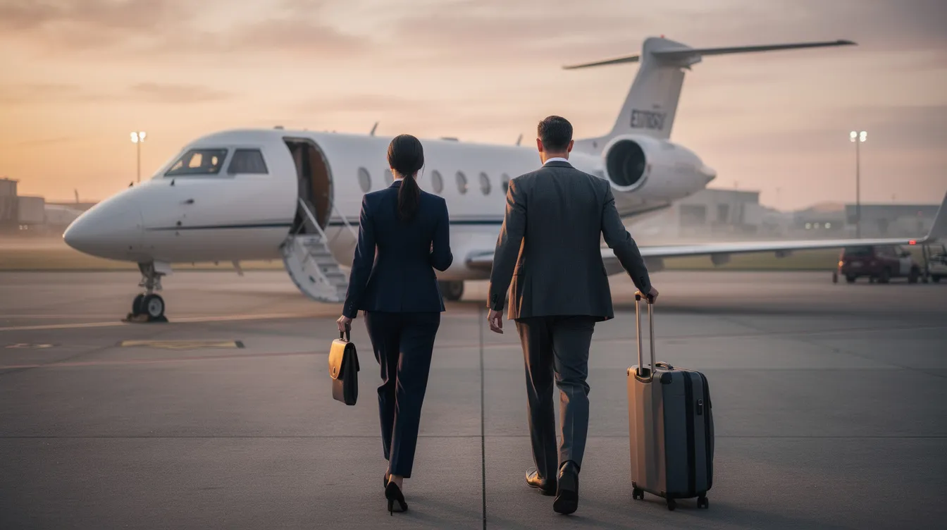 Two business travelers are walking toward a private jet on an airport ramp, illuminated by the soft light of early morning. This scene captures the essence of private aviation and the convenience of fractional ownership, reflecting the lifestyle of discerning travelers who value efficiency and luxury in their journeys.