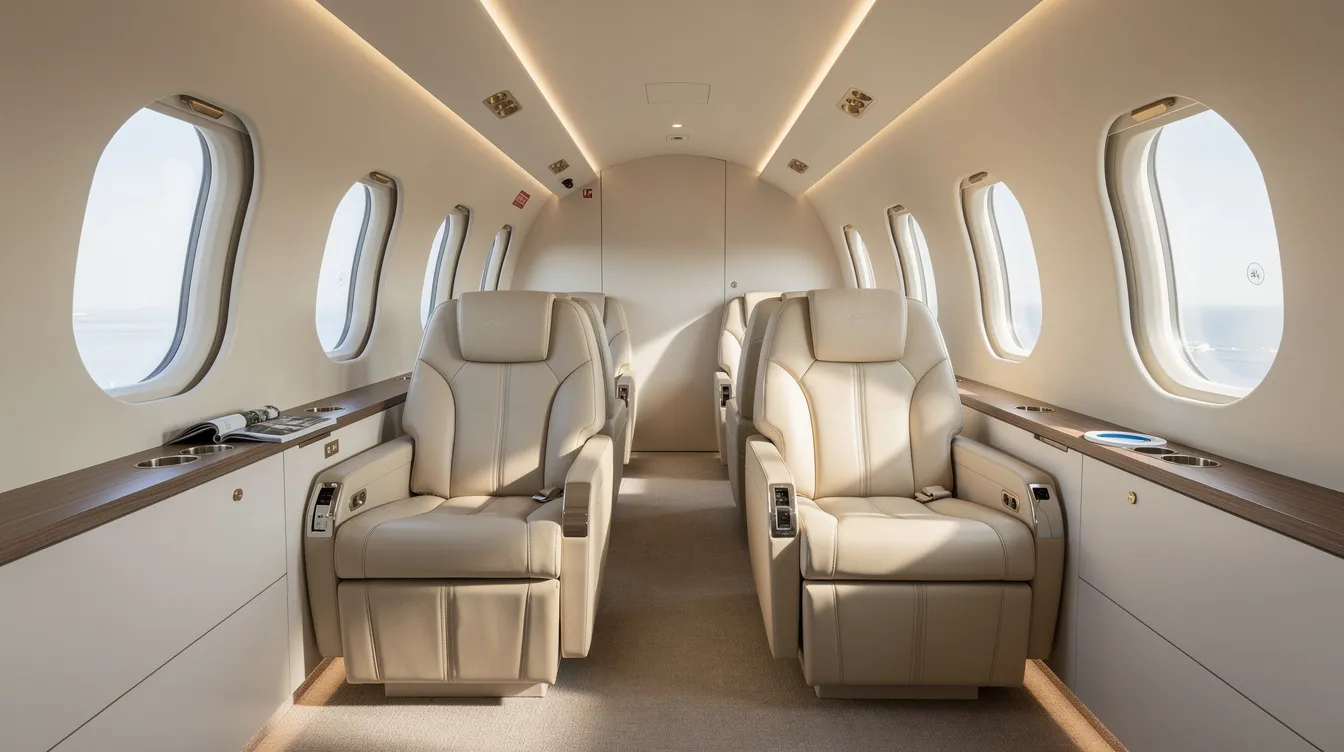 The image depicts the interior of a modern private jet cabin, featuring luxurious leather seats and ample natural light streaming through oval windows. This elegant space exemplifies the comfort and sophistication associated with private aviation, catering to discerning travelers seeking a premium experience.